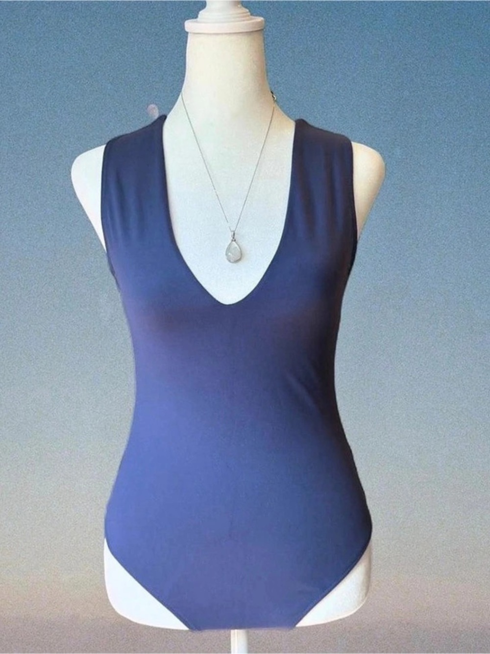 Free People Blue Deep V-Neck Bodysuit Like New